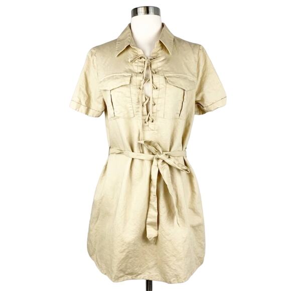 L'ACADEMIE REVOLVE Khaki Tan Cream Safari Lace-Up Short Sleeve Tie Dress Small - Picture 2 of 8